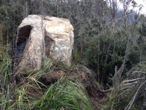 The 50 tonne dolerite boulder, at rest against other smaller boulders, on 9 July 2014.